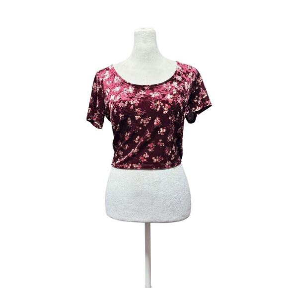Crushed Velvet Forever 21 Sz Medium Burgundy Floral Romantic Goth Y2K Crop Top - Picture 1 of 7